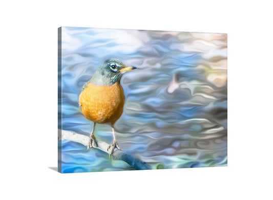A colorful bird perches on a branch, facing to the right, with a blurred, wavy background.