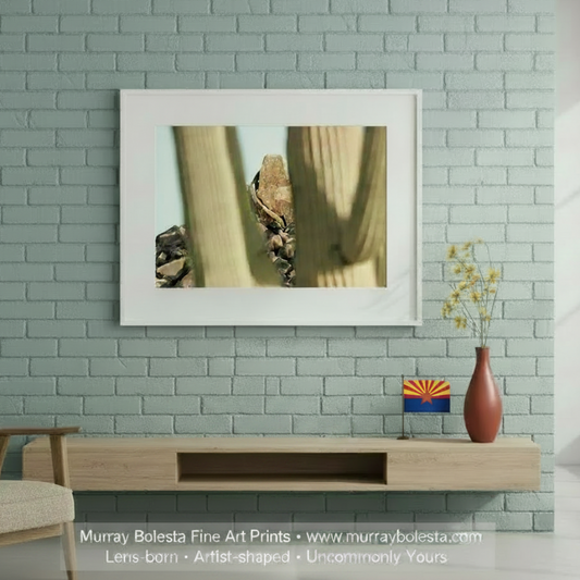 A framed art print featuring a close-up photograph on a cactus, displayed on a light blue brick wall above a wooden console table in a modern living room setting. Murray Bolesta
