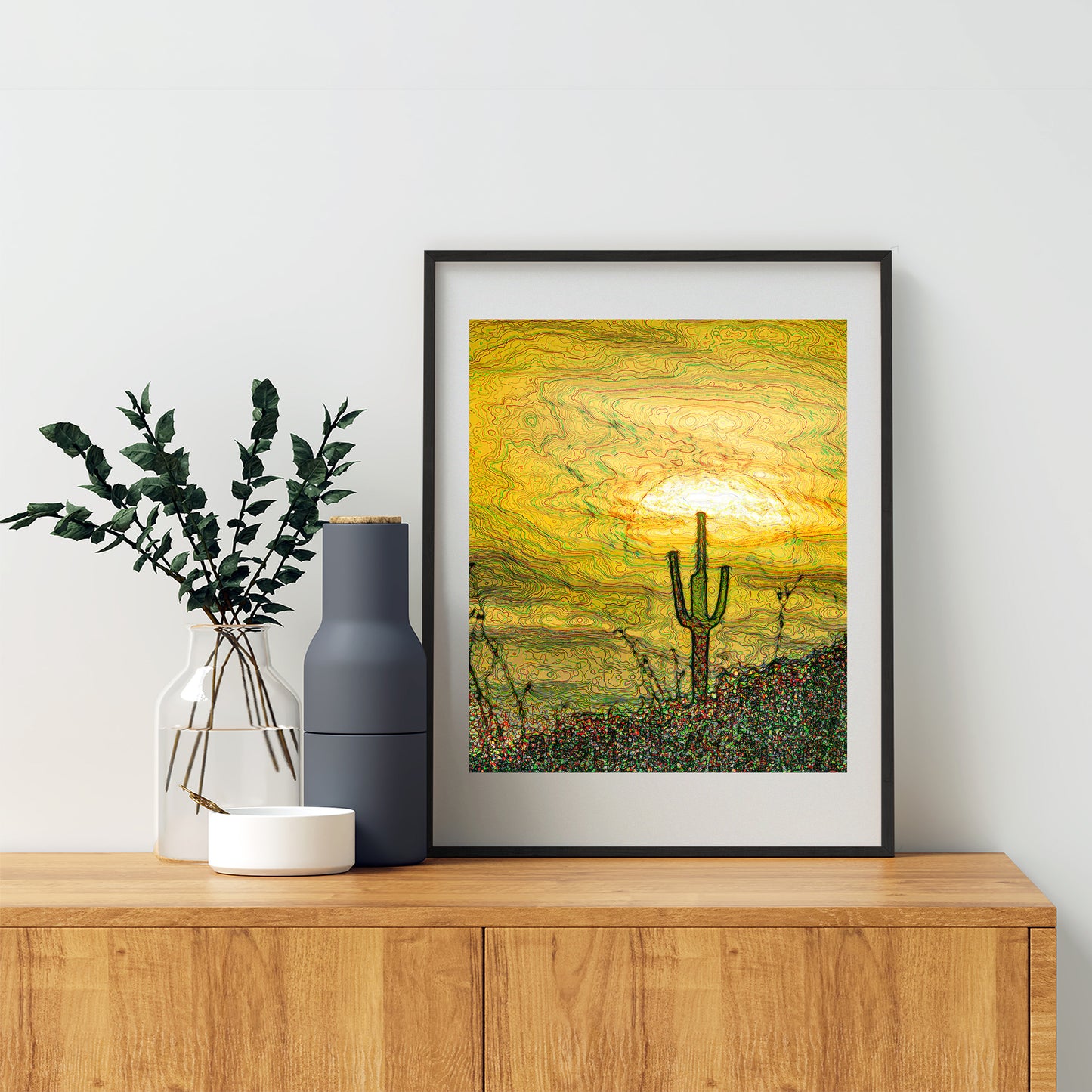 Cactus Art Southwestern Wall Decor with Psychedelic Desert Sunset