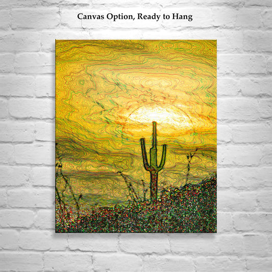 Cactus Art Southwestern Wall Decor with Psychedelic Desert Sunset