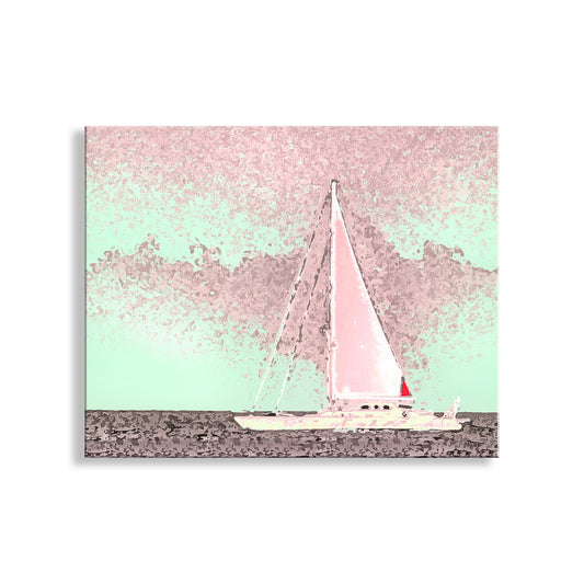 A sailboat with a red flag is sailing on a body of water, with a pink and green color palette. Sailing Wall Decor in Pink | Atlantic Ocean Sailboat Block Island