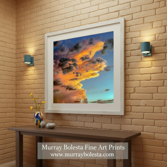 Fiery orange and pink clouds against a blue sky Desert Storm Cloud Art Print - Tucson Arizona Monsoon Sunset Photography by Murray Bolesta