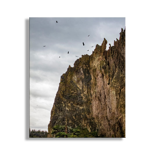 a rocky cliff with a flock of birds flying above it, set against a cloudy sky. Soaring Hawks at Smith Rock - Oregon Desert Landscape Bird Art Print
