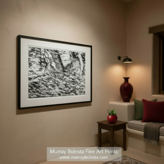 Black and white abstract art print on a white background. Wildlife Photography in Abstract Black and White of Winter Buck Deer in Snowy Forest by Murray Bolesta