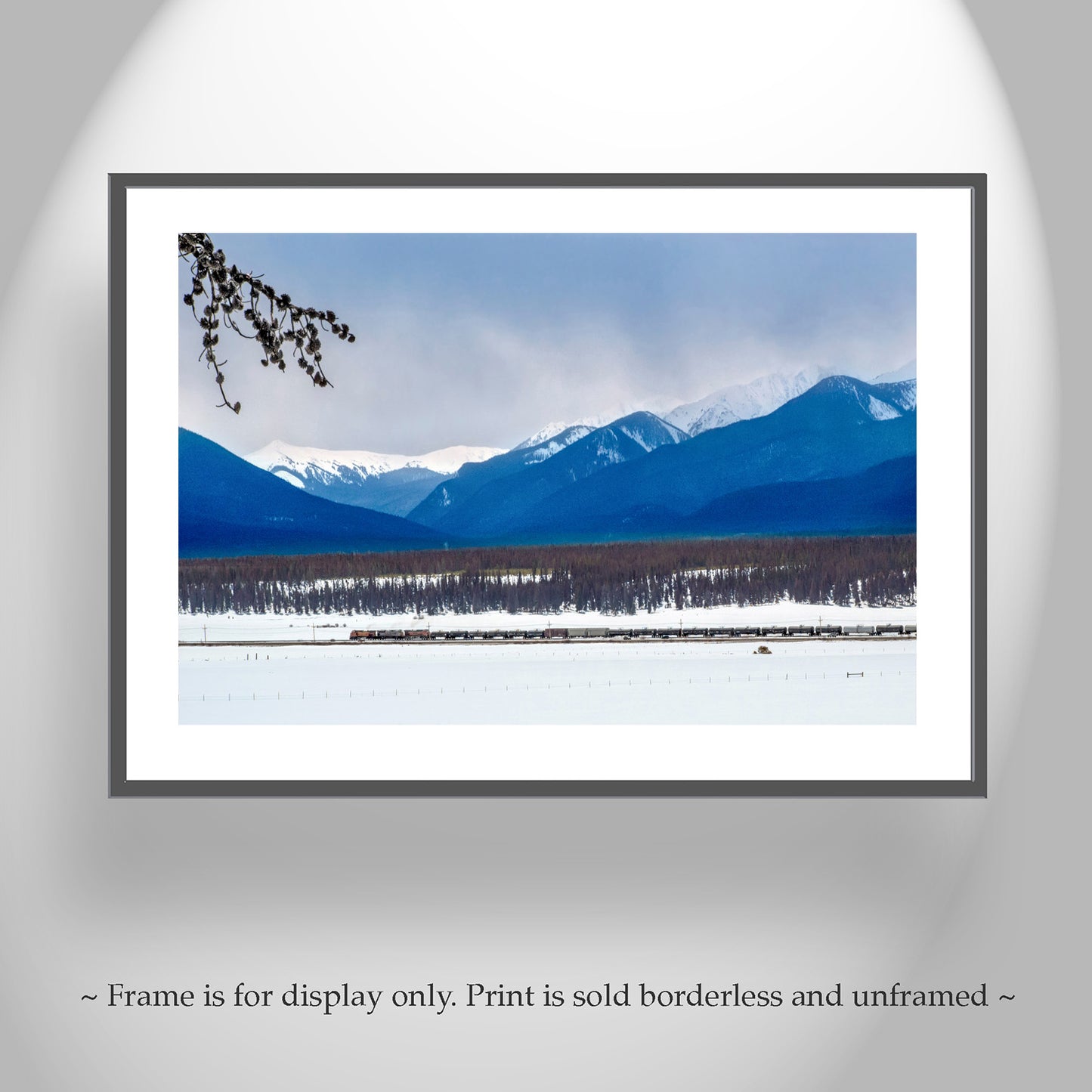Colorado Art with Rocky Mountain Winter Snowy Landscape and Train