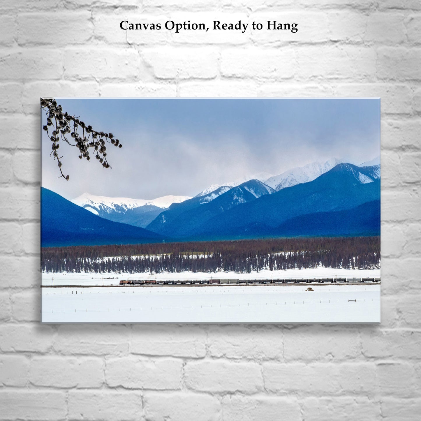 Colorado Art with Rocky Mountain Winter Snowy Landscape and Train