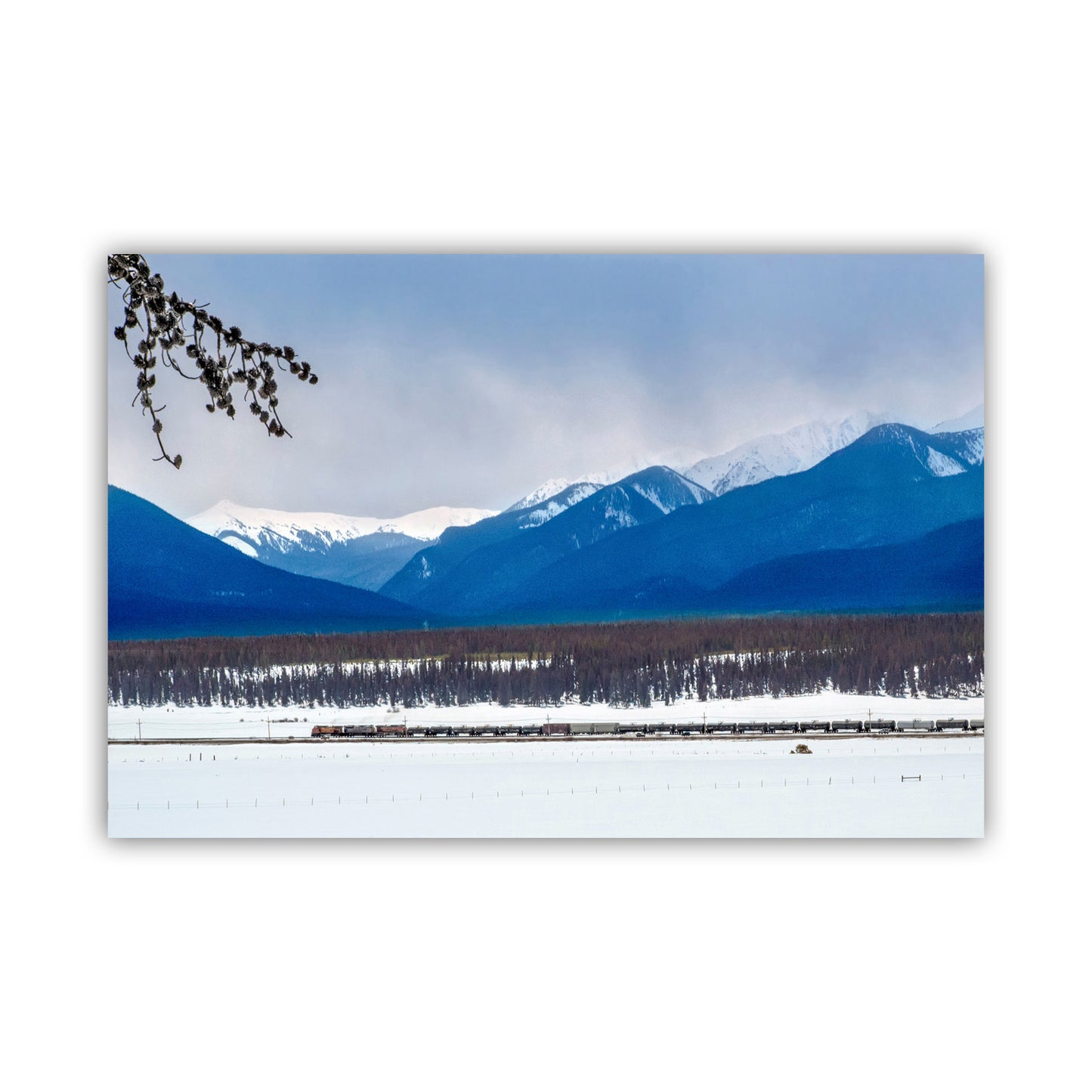 Colorado Art with Rocky Mountain Winter Snowy Landscape and Train