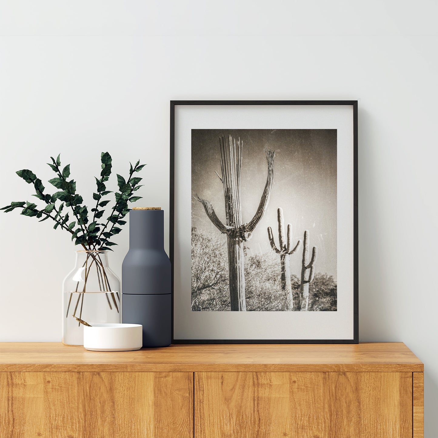 Desert Wall Decor with Sepia Cactus Art | Framed Art Print Gift | Rustic Southwestern Decor in Vintage Style