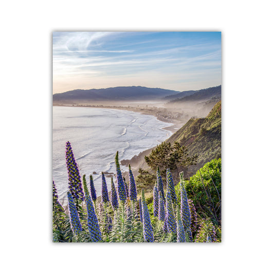 a picturesque coastal landscape with a lush green hillside, a rocky cliff overlooking the ocean, and a cluster of purple flowers in the foreground. Stinson Beach Northern California Art Print – Marin County Coastal Art
