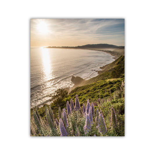 a serene coastal landscape with a lush green hillside, a rocky cliff overlooking the ocean, and a vibrant display of purple flowers in the foreground. Stinson Beach Sunset Art Print – Marin County Pacific Ocean Artwork