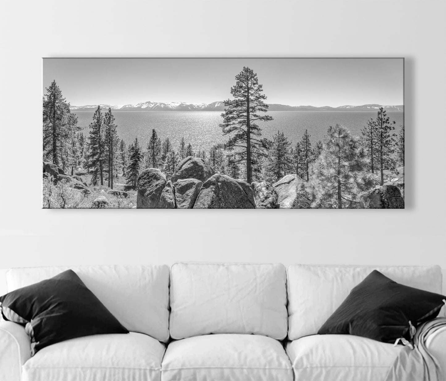 Black & White Panoramic Art Print of Lake Tahoe Sierra Nevada