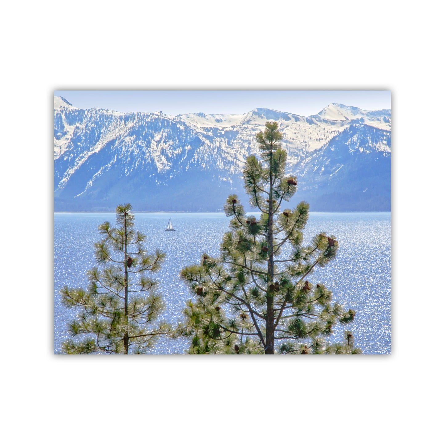 Lake Tahoe Art Photography with Sailboat in Springtime | Sierra Nevada Mountains Snow | Tahoe Gift Picture