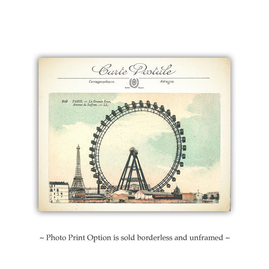 Vintage Art Print of Historic Paris Ferris Wheel and Eiffel Tower