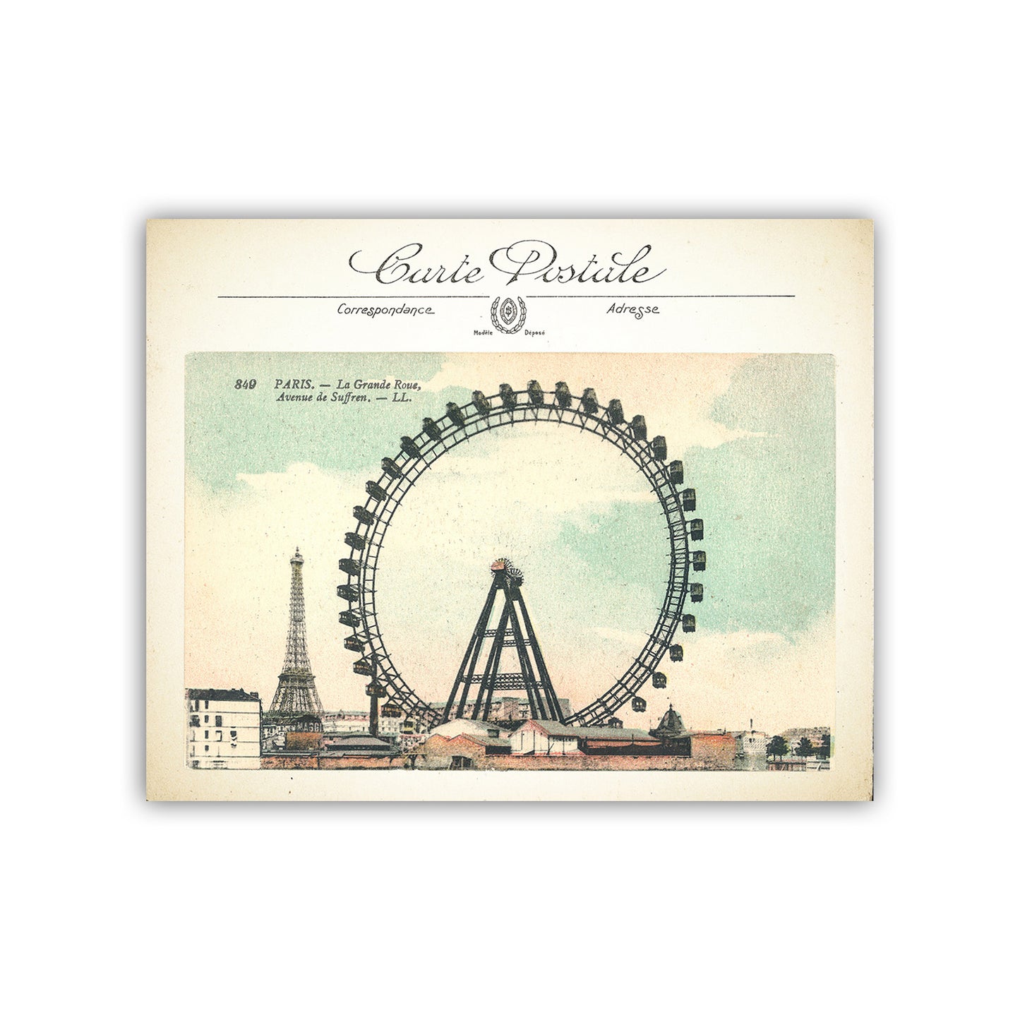 Vintage Art Print of Paris Ferris Wheel and Eiffel Tower | French Wall Decor Gift for Home or Office