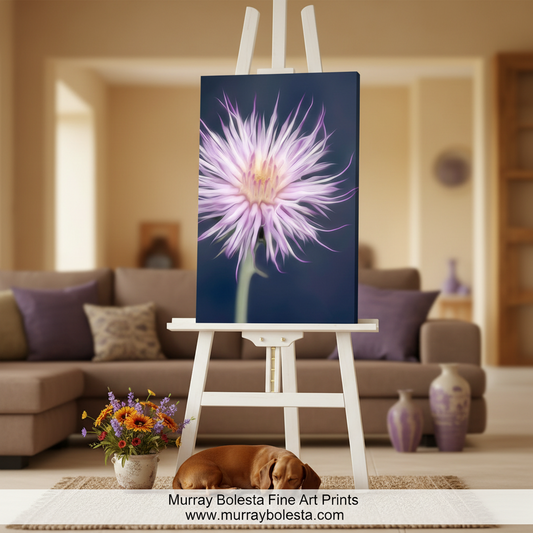 Canvas print of a purple flower with a dark background. Thistle Flower Nature Art Print as Arizona Wildflower Wall Decor by Murray Bolesta