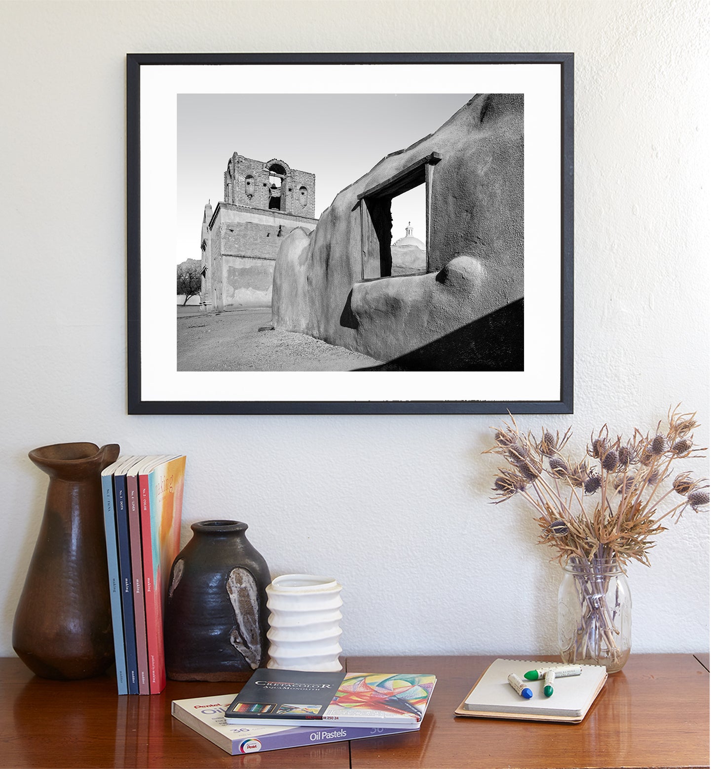 Old Desert Adobe Arizona Church Art Print in Black and White