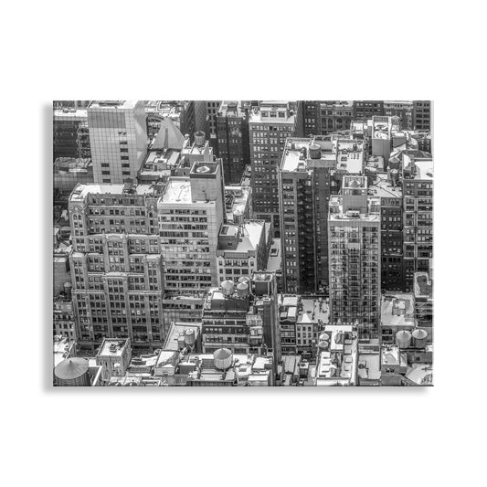 Black and white aerial view of a cityscape with tall buildings. Black & White New York City Photograph | Midtown Manhattan Winter