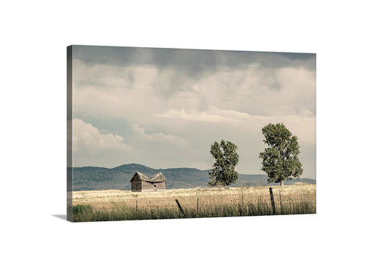 Rustic Country Style Art Print with Western Prairie Landscape & Log Cabin