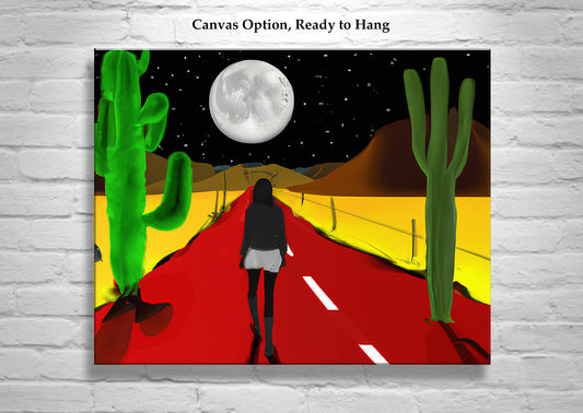 Desert Highway at Night Surreal Art Print in Bold Colors with Moon
