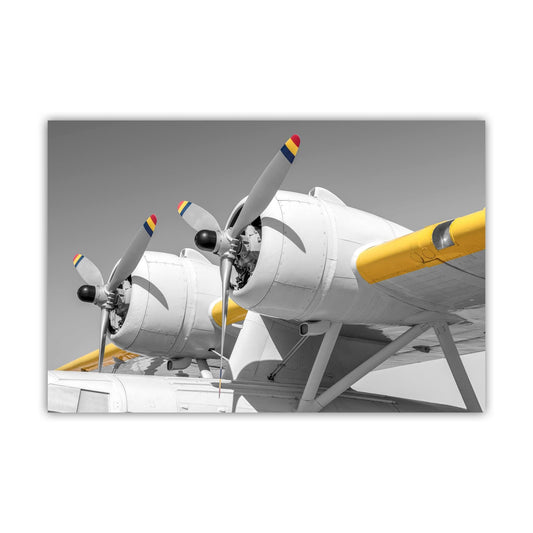 A vintage twin-engine seaplane with colorful propellers is displayed against a gray sky.
