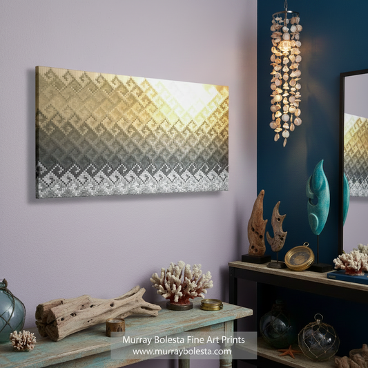 Rectangular product with gold, silver, and black pattern on a white background. Psychedelic Abstract Ocean Sunset Panorama on Framed Canvas by Murray Bolesta