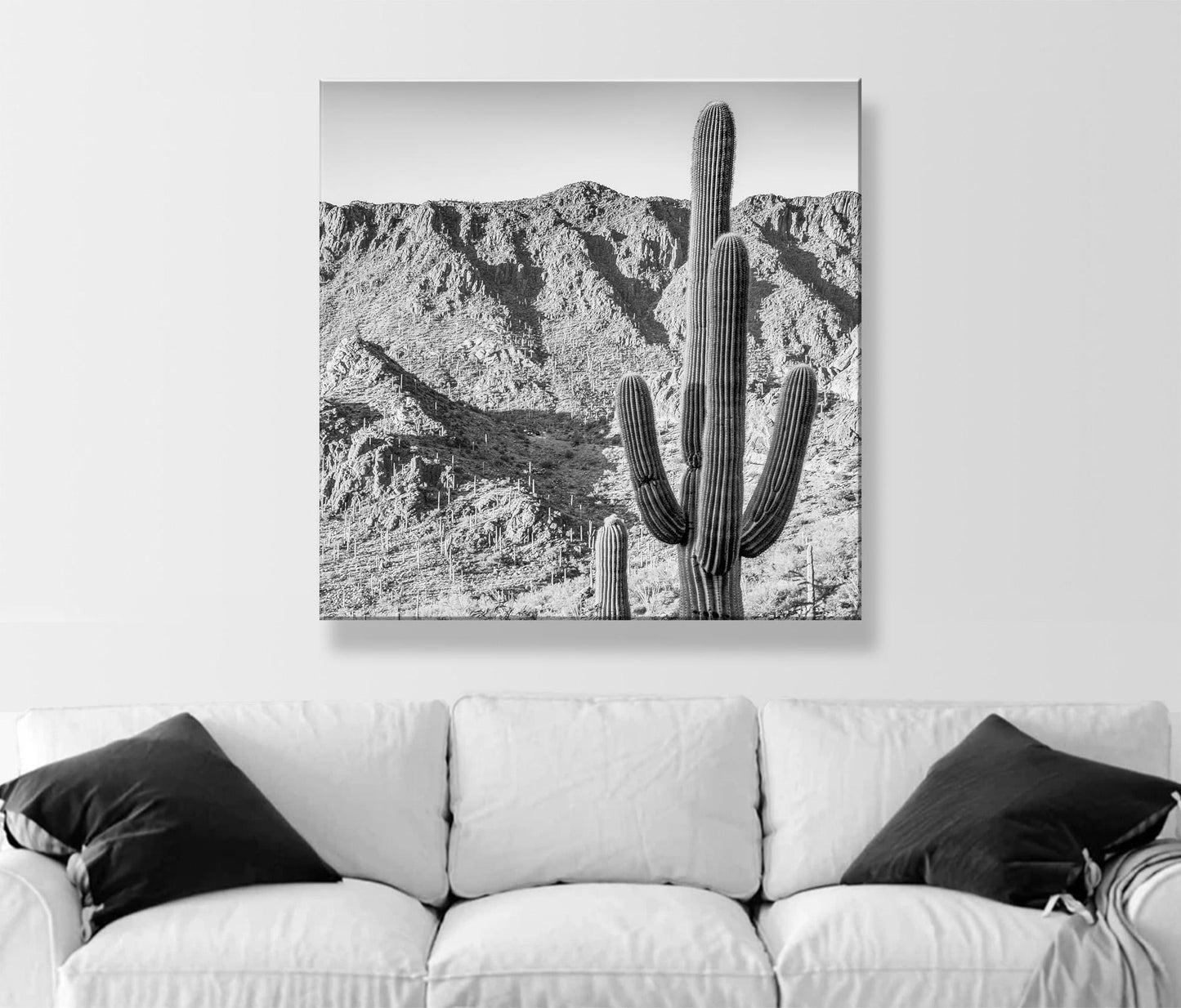 Square Black and White Desert Landscape Cactus Wall Decor