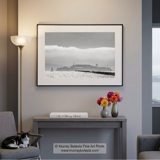Alcatraz and Berkeley Pier, San Francisco Bay in Black & White, art print by Murray Bolesta