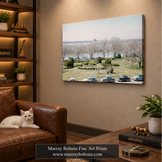 Angular man-cave mockup with shelf lighting and white kitten. Memphis vintage art by Murray Bolesta