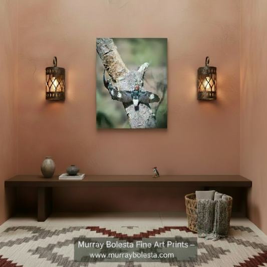 A pair of black and white birds with red markings on their heads are perched on a tree branch, with one bird in flight and the other sitting on the branch. Forest Bird Wall Art with Woodpeckers as Home Nature Decor by Murray Bolesta