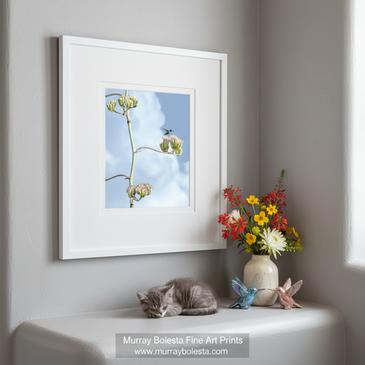 A hummingbird hovers near a flowering plant with green leaves and yellow flowers against a blue sky with white clouds. Agave Century Plant and Flying Hummingbird Photograph by Murray Bolesta