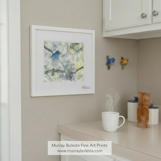 A blue bird perches on a branch, its vibrant blue feathers contrasting with the surrounding greenery. Blue Jay Art | Spring Forest Pastel Bird Photography Print by Murray Bolesta