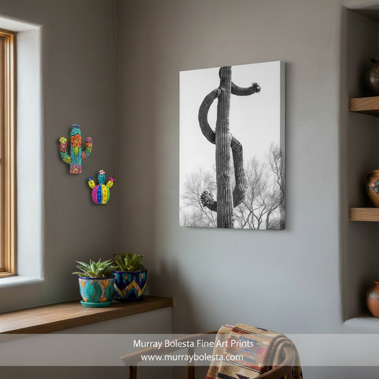 A black & white photograph of a twisted, gnarled cactus pole reaching upwards against a clear sky. Desert Saguaro Cactus Dollar Sign | Black & White Wall Art by Murray Bolesta