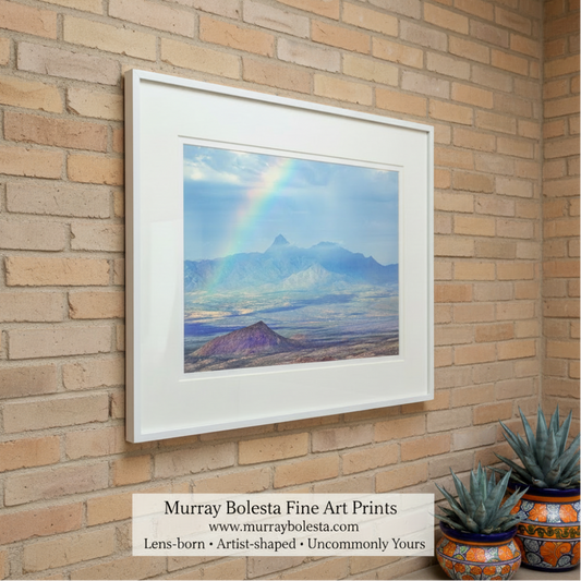 Desert landscape with a rainbow and mountains in the background. Rainbow Photograph with Desert Landscape and Baboquivari Peak Arizona by Murray Bolesta