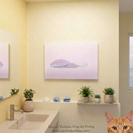 Bathroom mockup with beautiful minimalist seashell art by Murray Bolesta