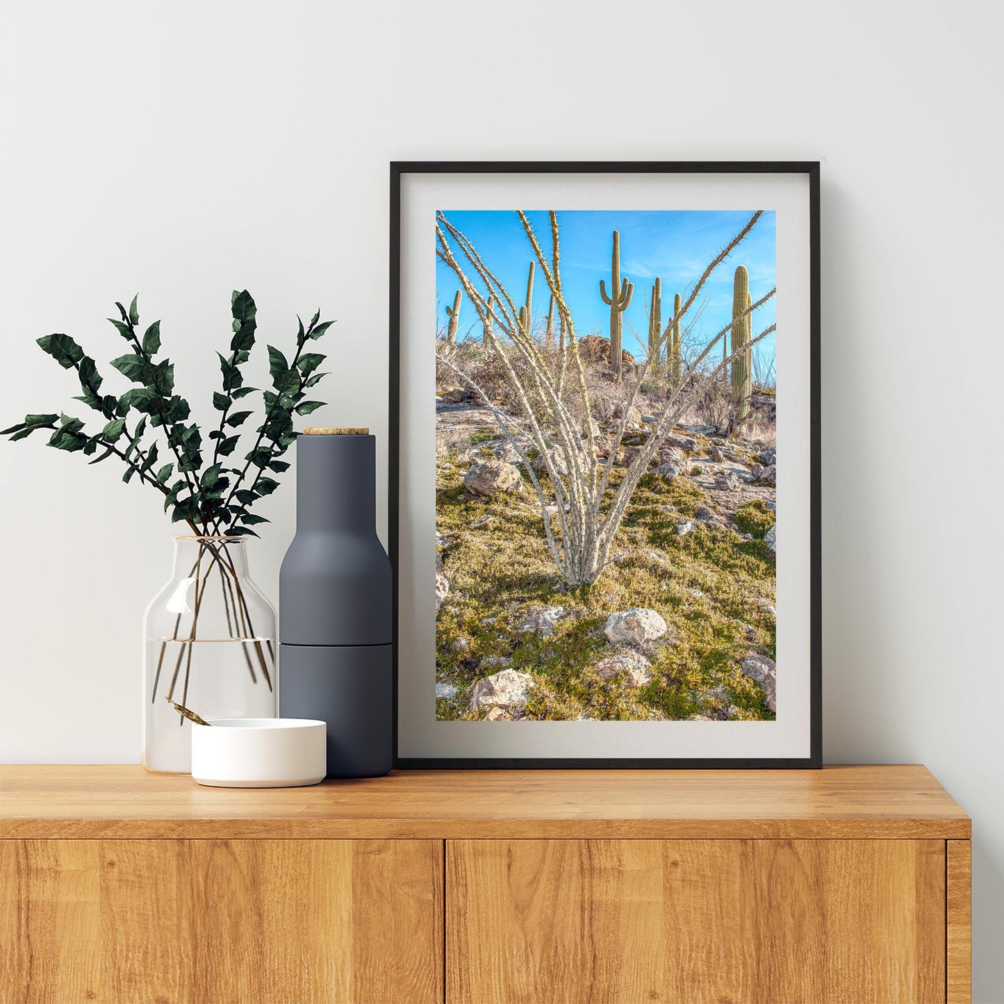 Ocotillo and Saguaro Cactus Landscape in Spring | Arizona Desert Art