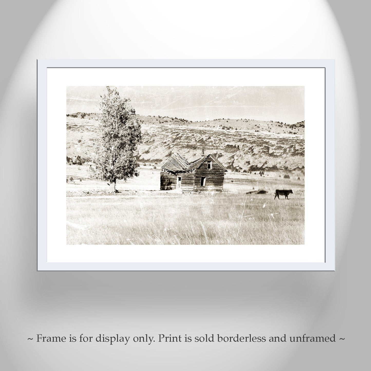 Western Cattle Ranch Art – Sepia Prairie Landscape with Cabin Vintage Style