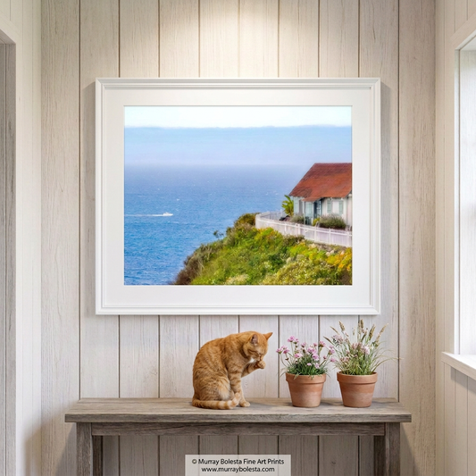 Big Sur California Coastal Cottage art print by Murray Bolesta with motor yacht