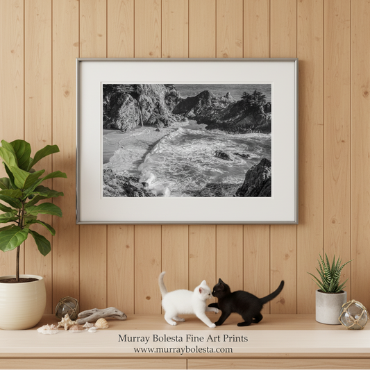 Big Sur Black White Beach Artwork | McWay Falls California Coast by Murray Bolesta