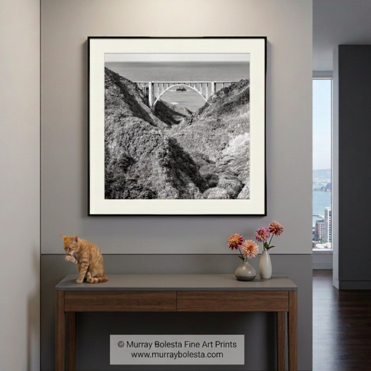 Bixby Creek Bridge Big Sur California in Black & White, art print by Murray Bolesta