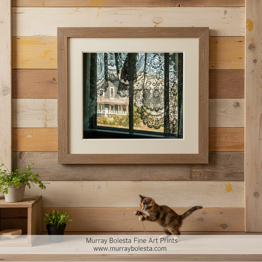 a view through a window with lace curtains, revealing a house and a white picket fence in the background. Block Island cottage by Murray Bolesta!