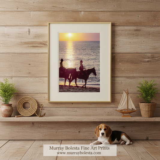 Two people riding horses on a beach at sunset. Horseback Riding Beach Art | Block Island Ocean Sunset Artwork by Murray Bolesta