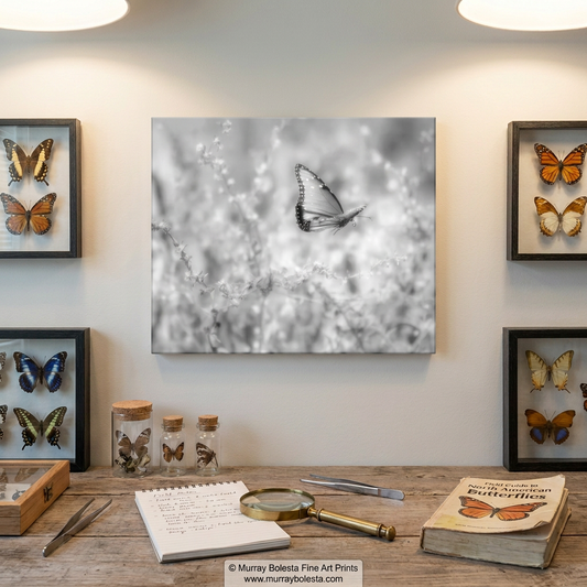 Flying Butterfly art in black & white by Murray Bolesta