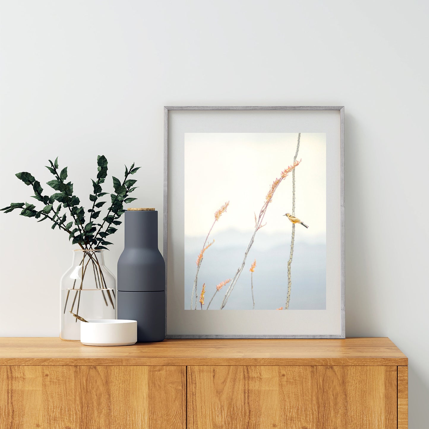 Pastel Minimalist Bird Art – Yellow Warbler on Ocotillo Print | Tucson