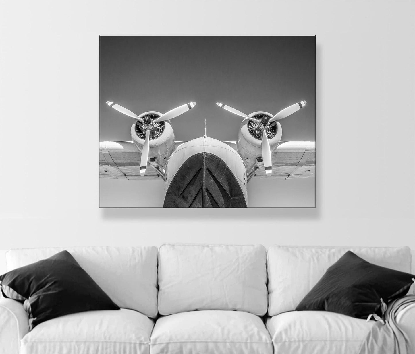 Seaplane Aviation Art Artwork with Flying Boat in Black and White
