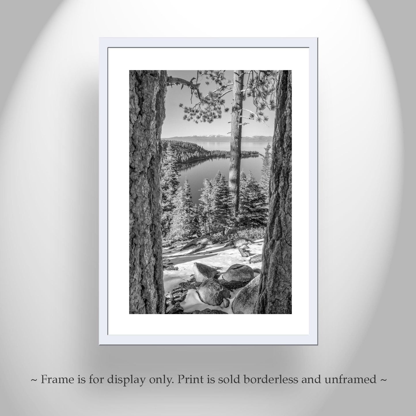 Lake Tahoe Emerald Bay Winter Photograph Gift | Black & White Sierra Nevada Landscape Wall Art Print as Home Decor
