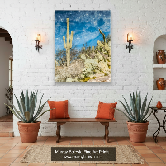 a desert landscape with a tall cactus in the foreground and a blue sky with scattered clouds in the background. Abstract Saguaro Cactus Water Reflection | Desert Nature Photography by Murray Bolesta