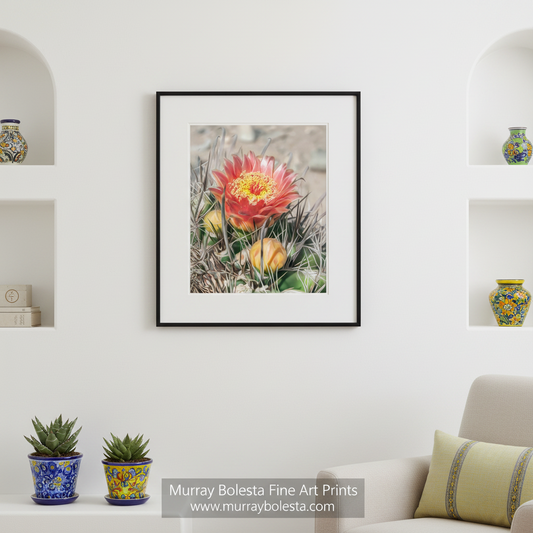 A vibrant red cactus flower with yellow centers blooms amidst the spines of the cactus plant. Arizona Desert Cactus Blossom Art Print - Botanical Photography by Murray Bolesta