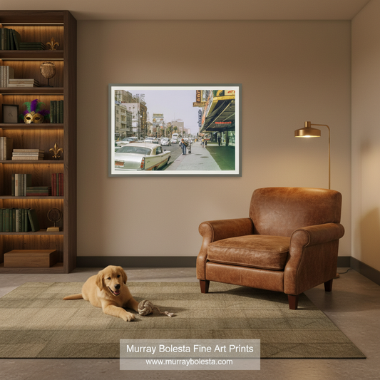 A framed art print depicting a vintage city street scene hangs on a beige wall in a styled living room mockup with a brown leather armchair, a golden retriever on a rug, and a bookshelf.