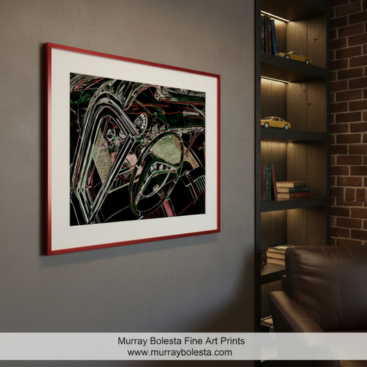 The image is a digital artwork featuring a complex and abstract composition of various shapes, lines, and colors, creating a visually striking and dynamic scene. Chevy Impala Convertible Art – Abstract Mancave Wall Decor by Murray Bolesta