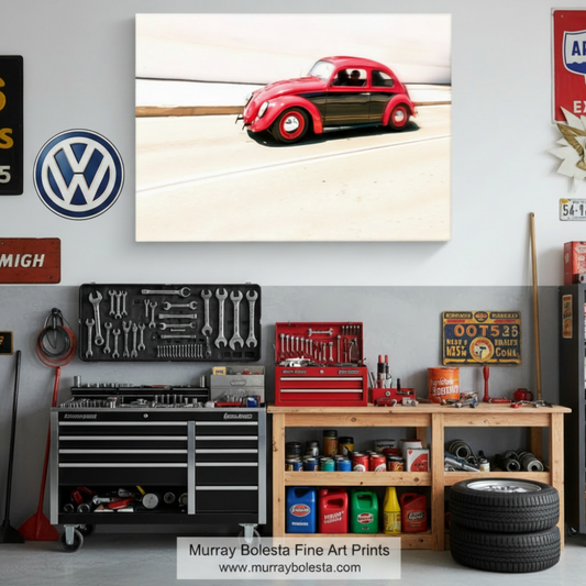 A red vintage Volkswagen Beetle car is captured in motion on a highway, with a blurred background. Vintage VW Beetle Car Photo | Automotive Art Print in Motion by Murray Bolesta